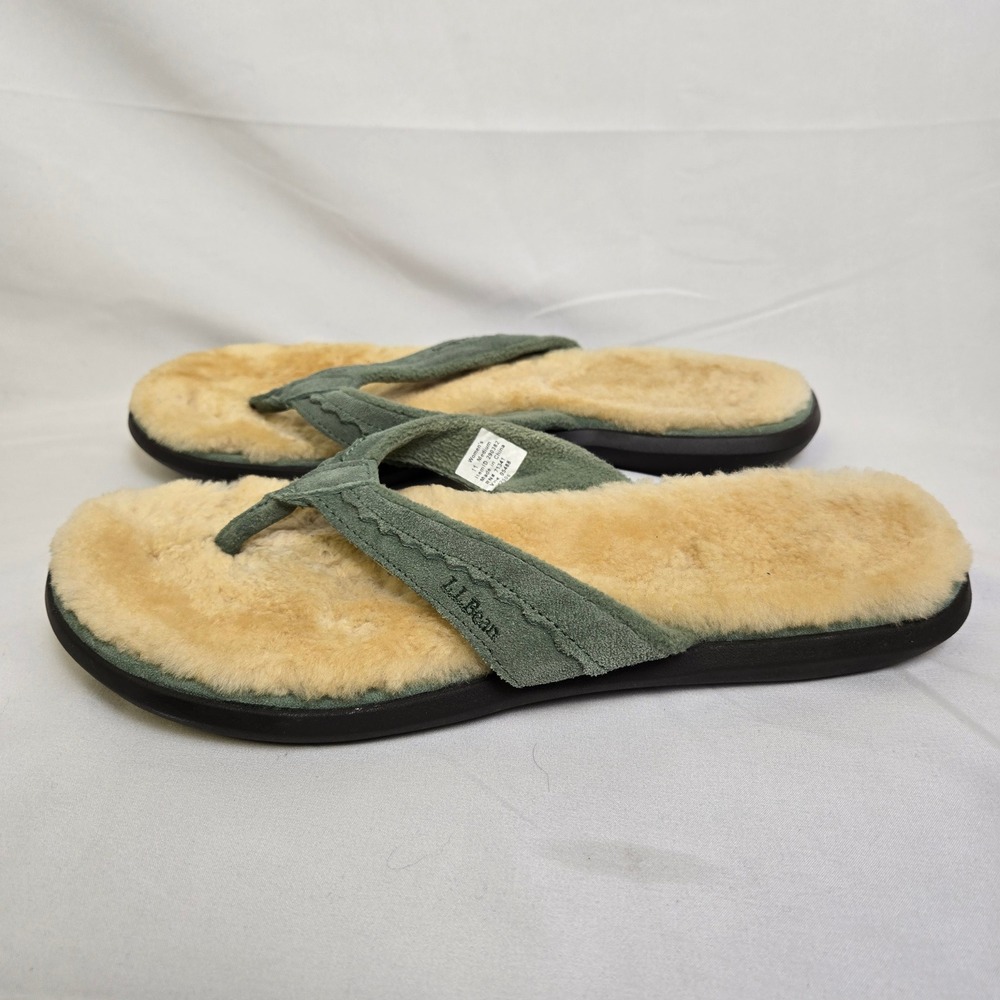 L.L. Bean Wicked Good Shearling Lined Flip Flops Green Tan 290382 Size 11 Medium - Picture 6 of 11